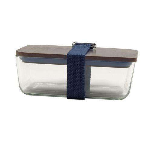 lunchbox uit glas, bamboe deksel en riem donkerblauw 20x12x8cm  Cookut