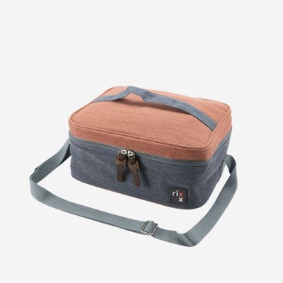 Sac isotherme rectangulaire avec sangle bleu foncé et brun orangé 27x21x12cm  Rixx