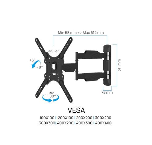 Draaibare & Kantelbare Tv Beugel Full Motion Single III - Extra lang - 23 -55 Inch  Cavus