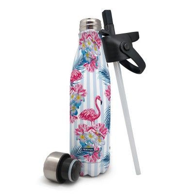 Drinkfles 1 inox deksel + 1 deksel met rietje flamingo (warm en koud)  Nerthus