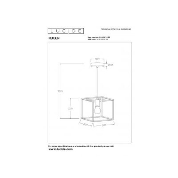 Lucide RUBEN Hanglamp 1x E27 40W Zwart / mat goud