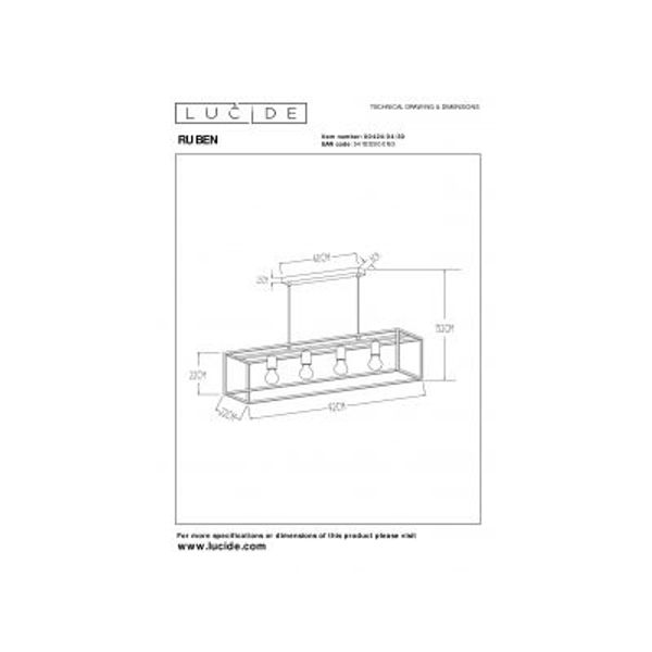 Lucide RUBEN Hanglamp 4x E27 40W Zwart / mat goud