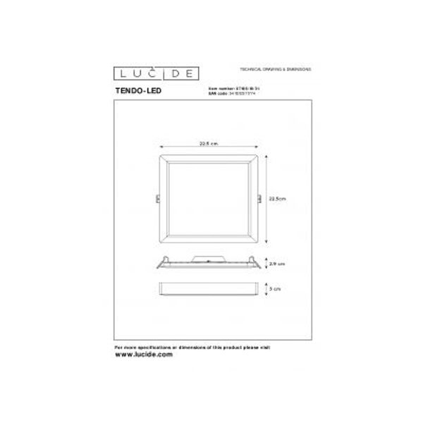 Lucide TENDO-LED Plafondlicht Vierkant 22/22cm 18W 1340LM