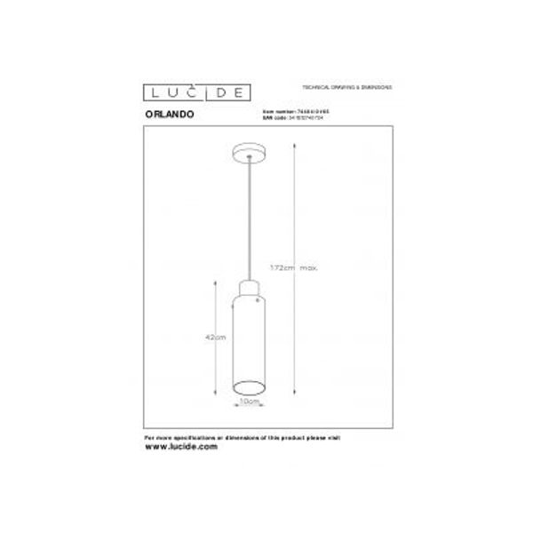 Lucide ORLANDO Hanglamp 1xE27/60W Zwart/Smoke glas