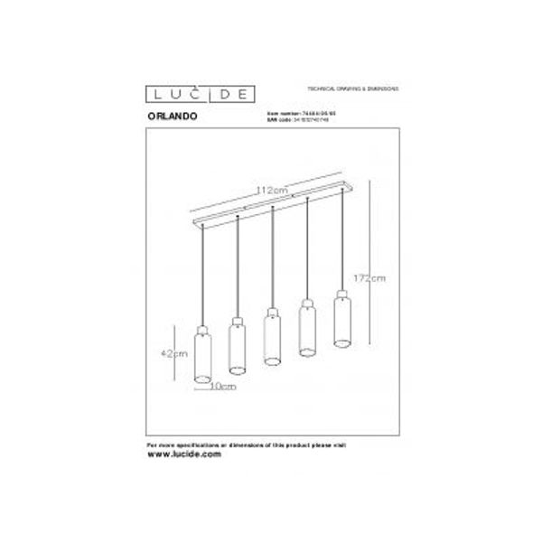 Lucide ORLANDO Hanglamp 5xE27/60W Zwart/Smoke glas