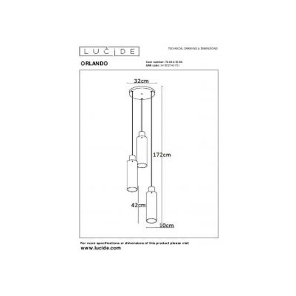 Lucide ORLANDO Hanglamp 3xE27/60W Zwart/Smoke glas