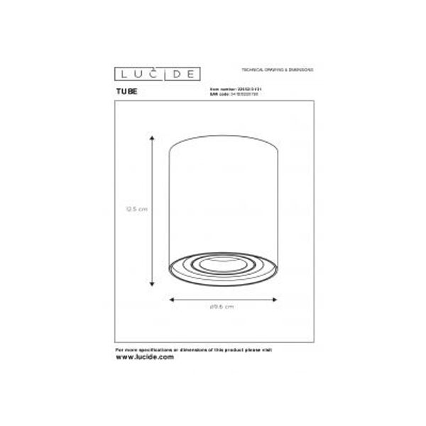 Lucide TUBE Spot Opbouw GU10 Rond D9.6 H12.5cm Wit