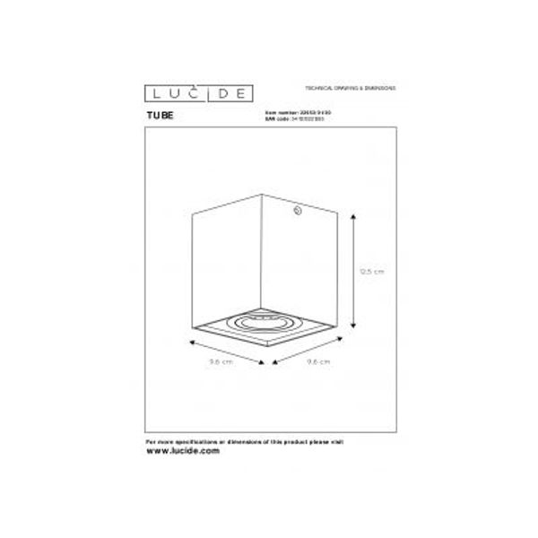 Lucide TUBE Spot GU10 Opbouw Vierk 9.6/9.6/12.5cm Zwart