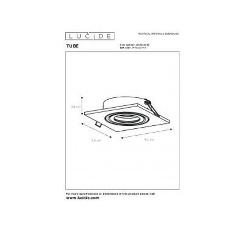 TUBE Inbouwspot GU10 Vierkant Ø9.2cm Zwart  Lucide