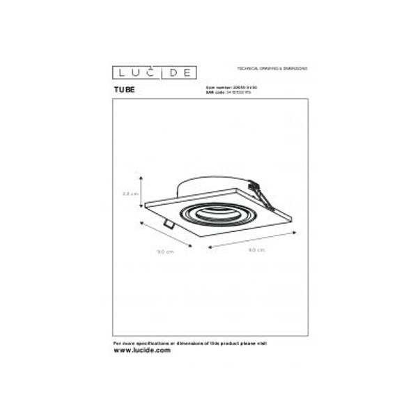 Lucide TUBE Inbouwspot GU10 Vierkant Ø9.2cm Zwart