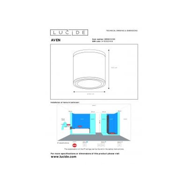 Lucide AVEN Plafondspot Rond Badkamer Gu10/50W Zwart