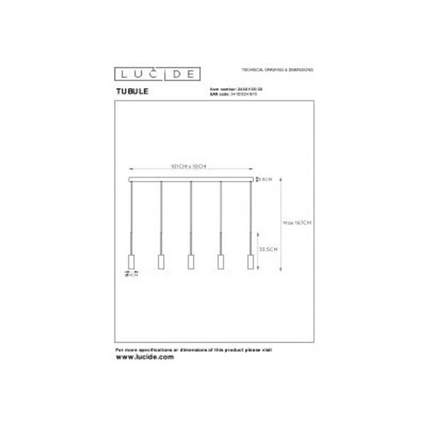 Lucide TUBULE Hanglamp Led 5x7W 2700K Zwart