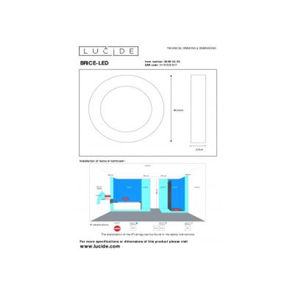 Lucide BRICE-LED Plafonnier Dimbaar 15W Ø23.5cm IP44 Zwar