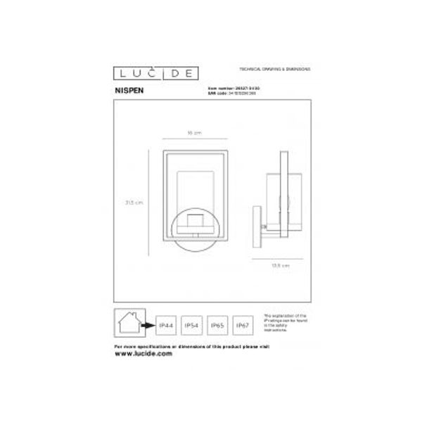 Lucide NISPEN Wandlicht IP44 E14 H33cm Zwart