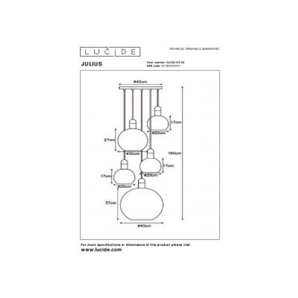 Lucide JULIUS Hanglamp 5x E27 Smoke Glas