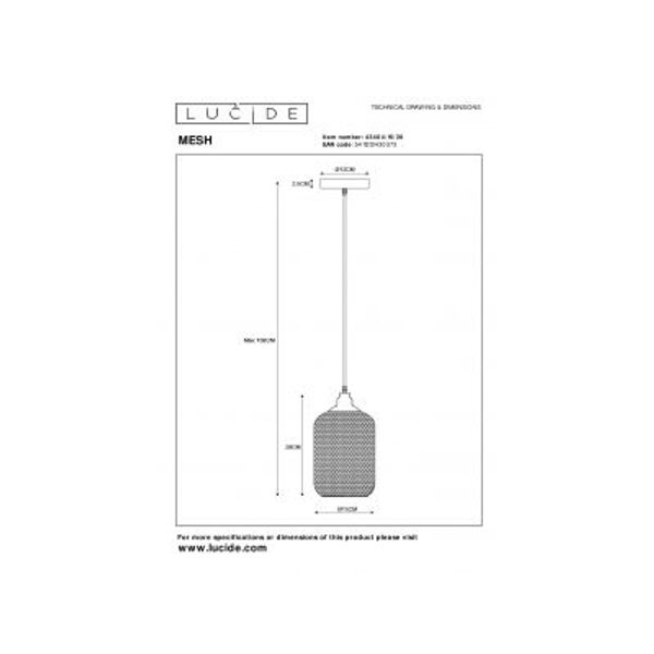 Lucide MESH Pendel E27 Ø15cm H 29cm Zwart