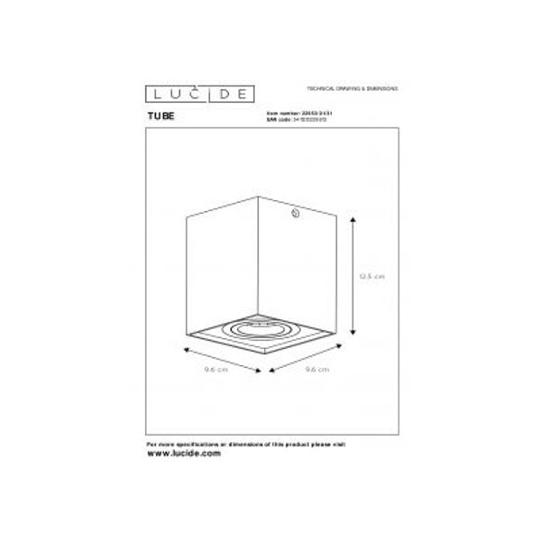 Lucide TUBE Spot GU10 Opbouw Vierk 9.6/9.6/12.5cm Wit