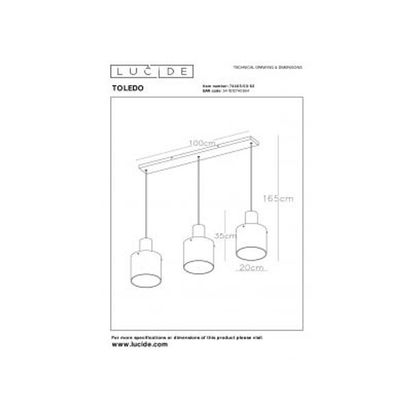 Lucide TOLEDO Hanglamp 3xE27/60W Koper / Amber glas