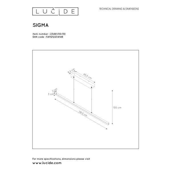 Lucide SIGMA - Hanglamp - LED Dimb. - 1x31W 2700K - Zwart Lucide