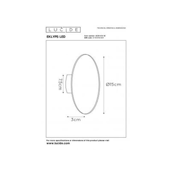 Lucide EKLYPS LED - Wandlamp - Ø 15 cm - LED - 1x7W 3000K - Zwart Lucide