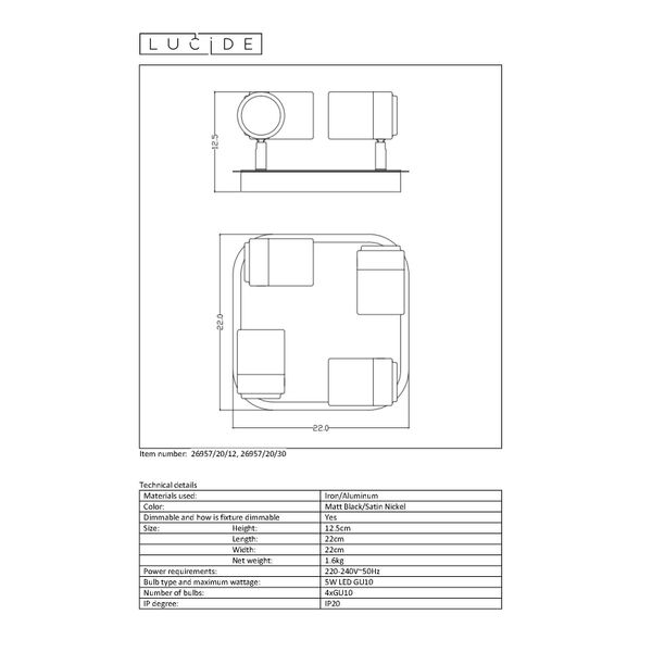 Lucide LENNERT - Plafondspot - LED Dimb. - GU10 - 4x5W 3000K - Zwart Lucide