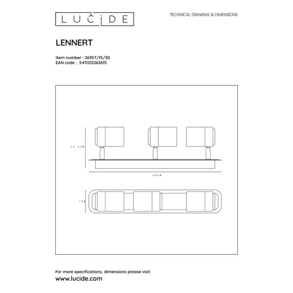 Lucide LENNERT - Plafondspot - LED Dimb. - GU10 - 3x5W 3000K - Zwart Lucide