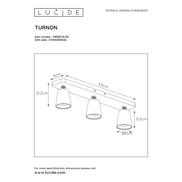 Lucide TURNON - Plafondspot - LED Dim to warm - GU10 - 3x5W 2200K/3000K - Zwart Lucide