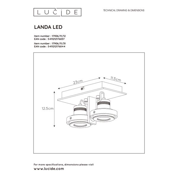 Lucide LANDA - Plafondspot - LED Dim to warm - GU10 - 2x5W 2200K/3000K - Wit Lucide