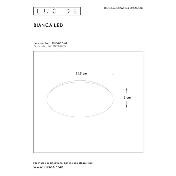 Lucide BIANCA-LED - Plafonnière Badkamer - Ø 24,5 cm - LED - 1x10W 3500K - IP21 - Opaal Lucide