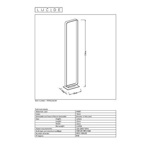 MIKA - Vloerlamp - LED Dimb. - 2x8,5W 3000K - Zwart Lucide  Lucide