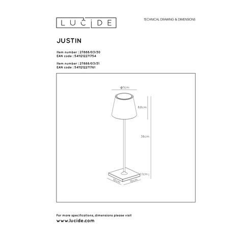 JUSTIN - Tafellamp Buiten - Ø 11 cm - LED Dimb. - 1x2,2W 3000K - IP54 - Zwart Lucide  Lucide