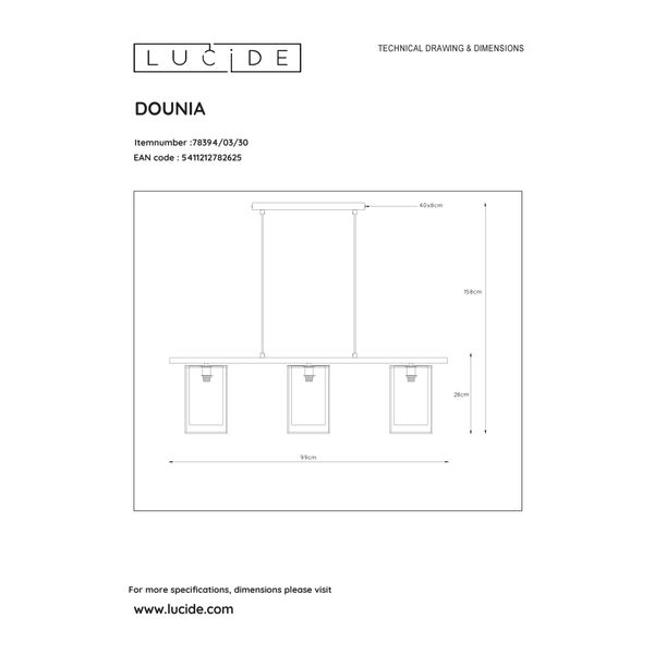 Lucide DOUNIA - Hanglamp - 3xE27 - Zwart Lucide