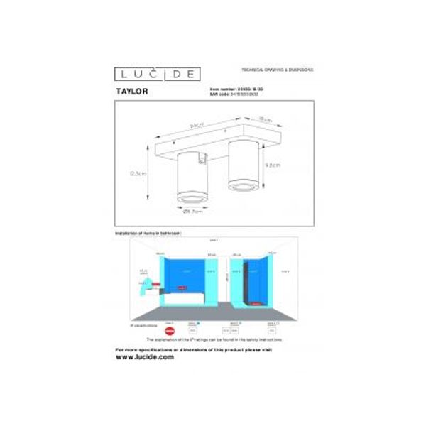 Lucide TAYLOR - Plafondspot Badkamer - LED Dim to warm - GU10 - 2x5W 2200K/3000K - IP44 - Zwart