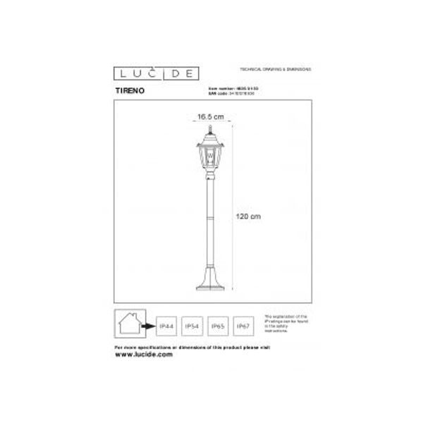 Lucide TIRENO - Lantaarnpaal Buiten - 1xE27 - IP44 - Zwart