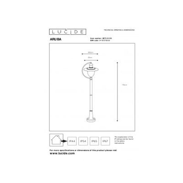 Lucide ARUBA - Lantaarnpaal Buiten - 1xE27 - IP44 - Zwart