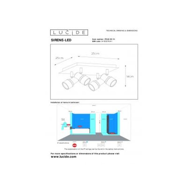 Lucide SIRENE-LED - Plafondspot Badkamer - Ø 10 cm - LED Dimb. - GU10 - 4x5W 3000K - IP44 - Wit