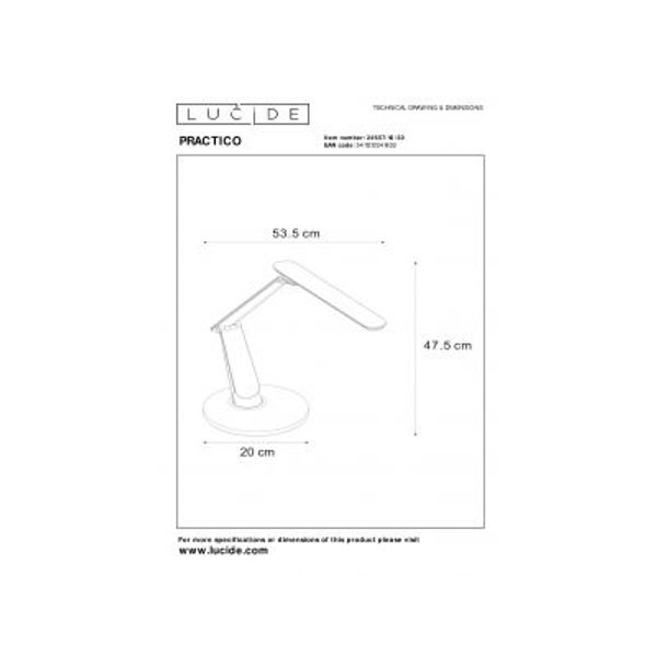 Lucide PRACTICO - Bureaulamp - LED Dim to warm - 1x10W 3500K/5000K - Zwart