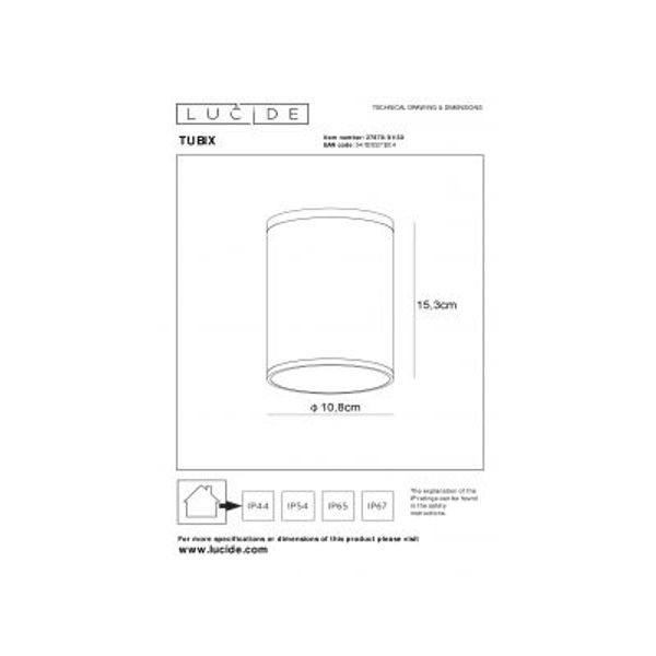 Lucide TUBIX - Plafondspot Buiten - Ø 10,8 cm - 1xE27 - IP54 - Antraciet