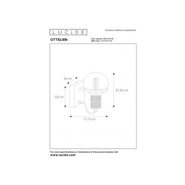 Lucide OTTELIEN - Wandlamp - Ø 17,7 cm - 1xE27 - Zwart