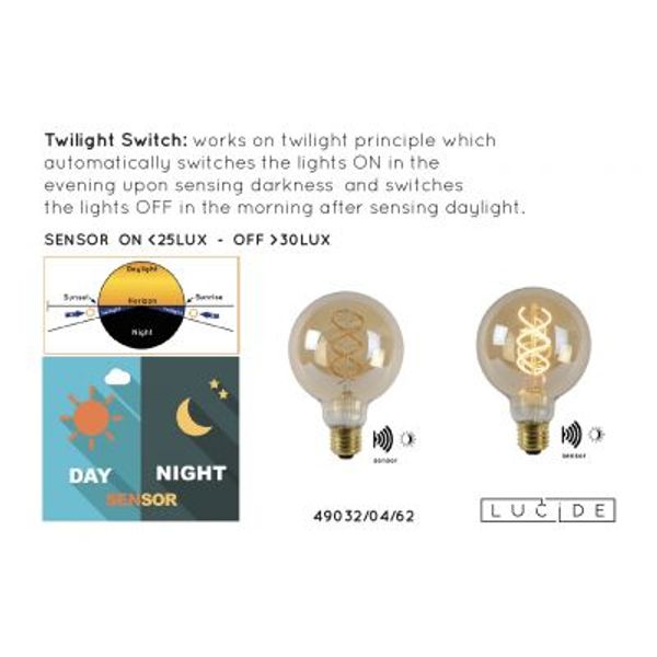 Lucide G95 TWILIGHT SENSOR - Filament lamp Buiten - Ø 9,5 cm - LED - E27 - 1x4W 2200K - Amber