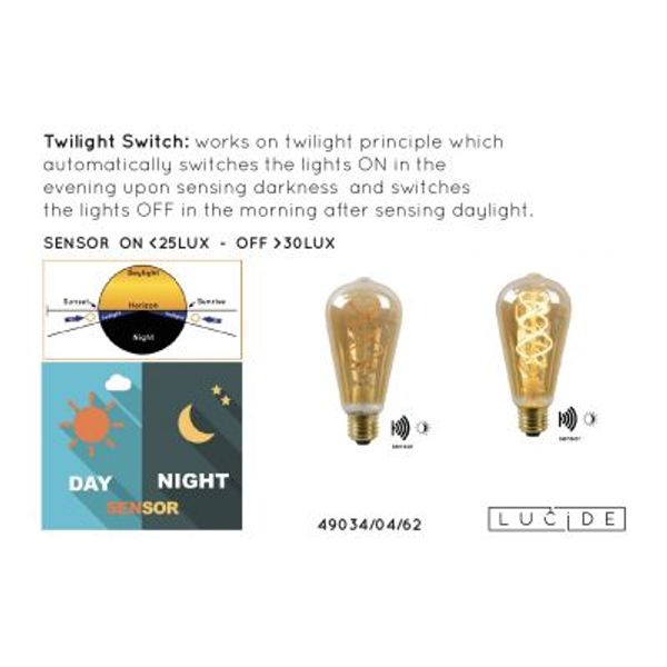 Lucide ST64 TWILIGHT SENSOR - Filament lamp Buiten - Ø 6,4 cm - LED - E27 - 1x4W 2200K - Amber