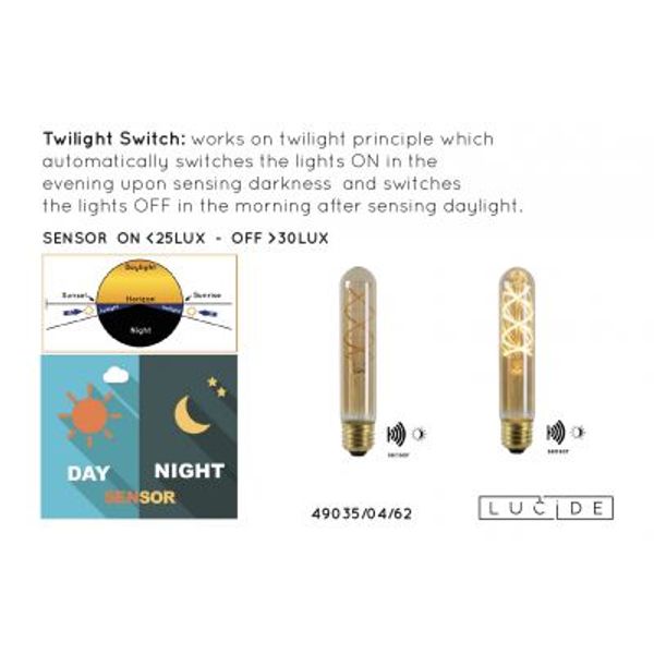 Lucide T32 TWILIGHT SENSOR - Filament lamp Buiten - Ø 3,2 cm - LED - E27 - 1x4W 2200K - Amber