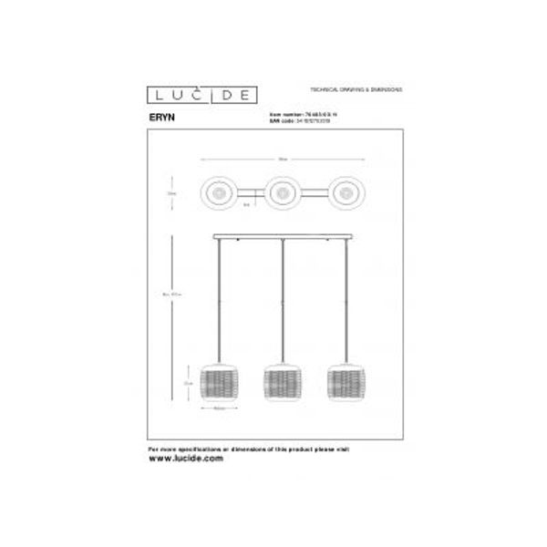 Lucide ERYN - Hanglamp - 3xE27 - Chroom