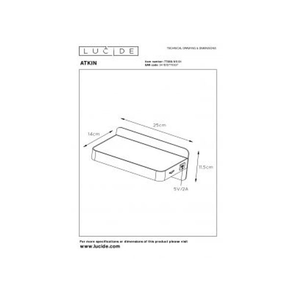 Lucide ATKIN - Bedlamp - LED - 1x5W 2700K - Met USB oplaadpunt - Wit