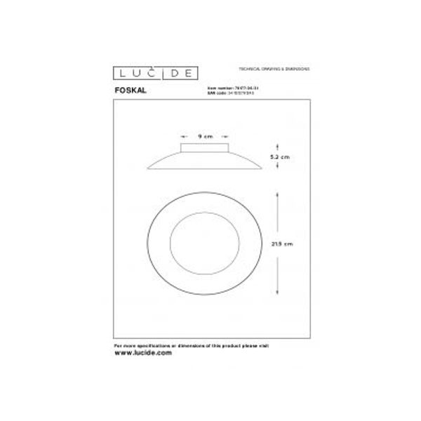 Lucide FOSKAL - Plafonnière - Ø 21,5 cm - LED - 1x6W 2700K - Wit