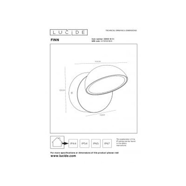 Lucide FINN Wandlamp Buiten-Wit-LED-12W-3000K-IP54-Metaal