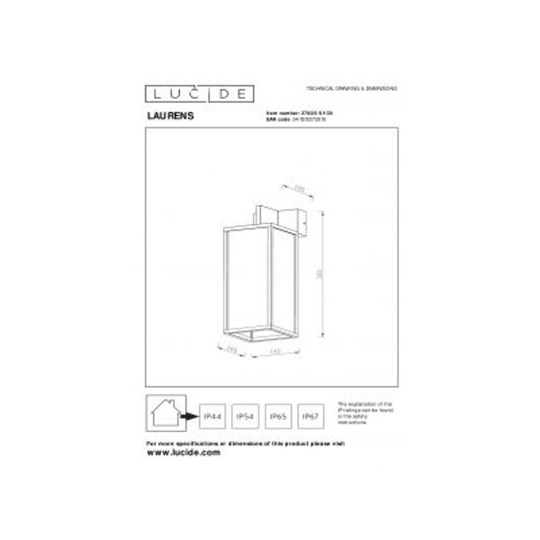 Lucide LAURENS Wandlamp Buiten-Zwart-1xE27-40W-IP54-Glas