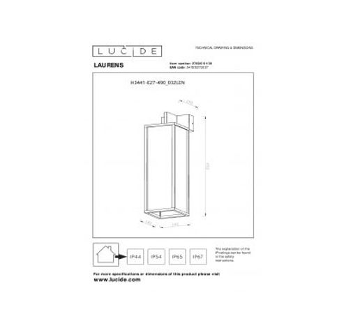 LAURENS Wandlamp Buiten-Zwart-1xE27-40W-IP54-Glas  Lucide