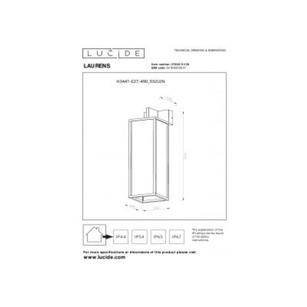 Lucide LAURENS Wandlamp Buiten-Zwart-1xE27-40W-IP54-Glas