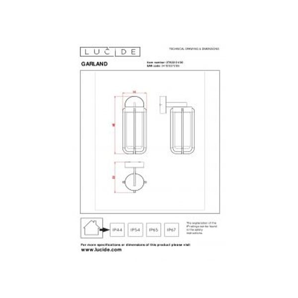 Lucide GARLAND Wandlamp Buiten-Zwart-1xE27-20W-IP44-Glas